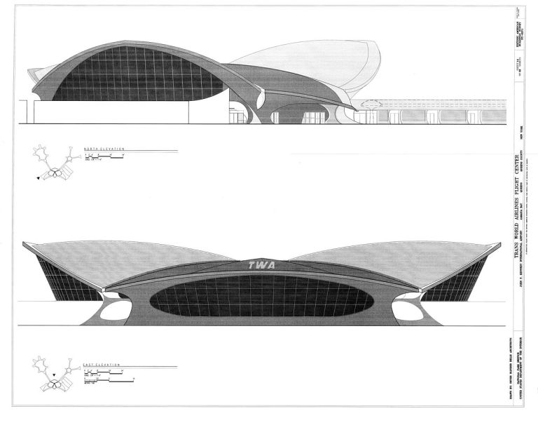 Elevations of the TWA Flight Center. By Historic American Buildings Survey (HABS), Library of Congress (Daderot) [Public domain or Public domain], via Wikimedia Commons