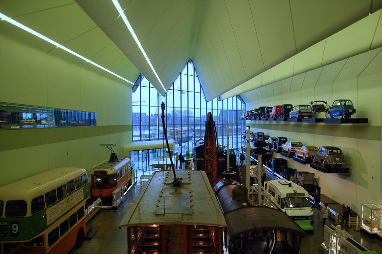 Cars line the walls at the Riverside Museum of Transport, Glasgow. © Daniel Wright 2013