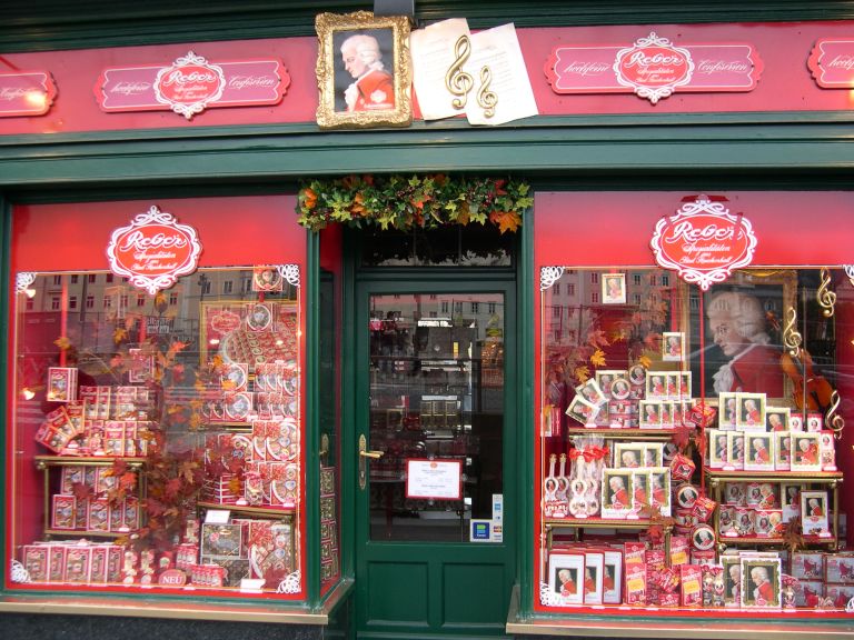 A chocolate shop full of Mozart-inspired chocolates, in Salzburg, Austria. © Daniel Wright 2007