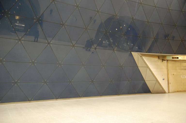 Detail of the blue glass wall at Southwark Underground station, London. © Daniel Wright 2013