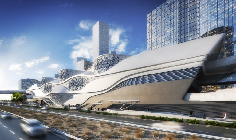 Design for King Abdullah Financial District metro station: exterior. Via News page at Zaha Hadid Architects website, here