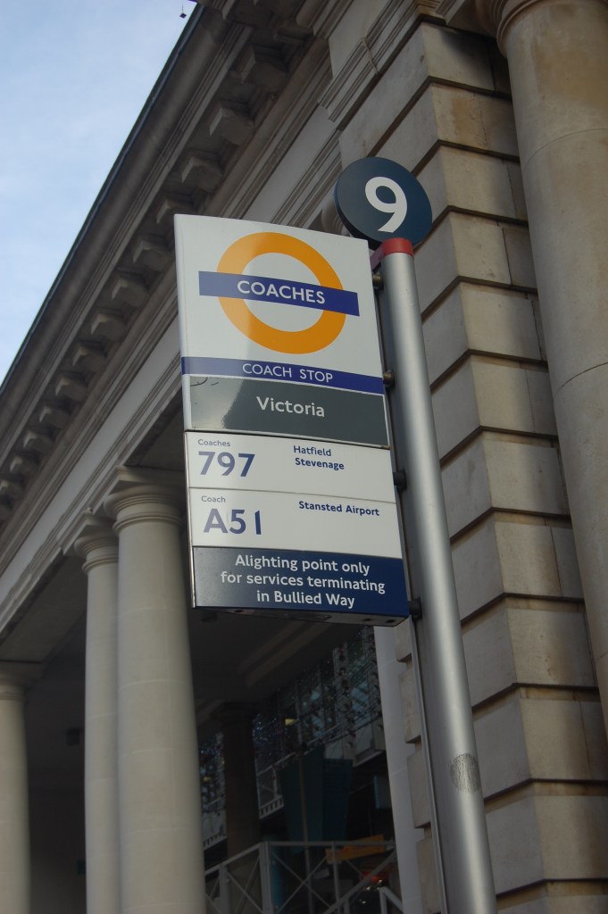 The rarely-seen orange version of the TfL roundel is used for coach stops and Victoria coach station. By Daniel Wright (CC BY-NC-ND 2.0) on this flickr page