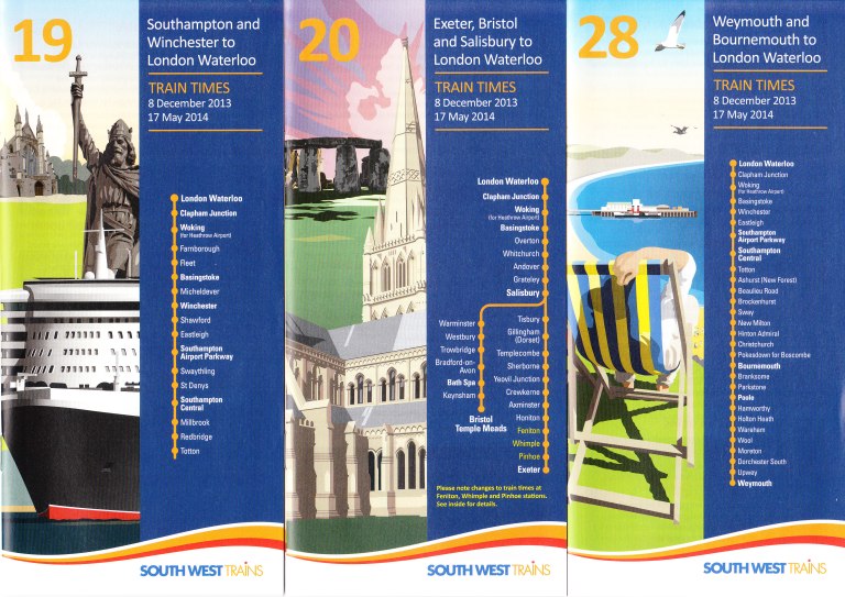 A selection of timetables from South West Trains' December 2013 range. Cover illustrations are by Tandem Design. 