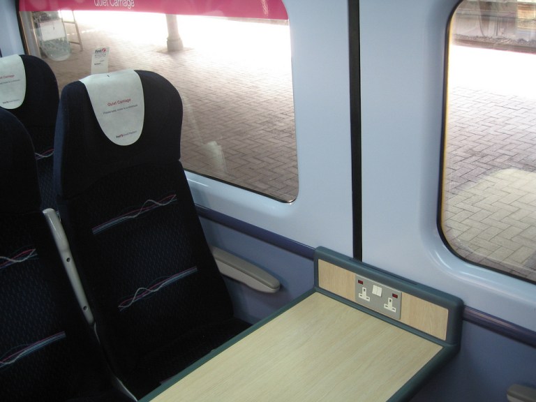 Standard Class seating on First Great Western (the moquette is FKU123 from Holdsworth, I think, although there is another colourway which is more purple). By Simon Pielow [CC BY 2.0] via this flickr page