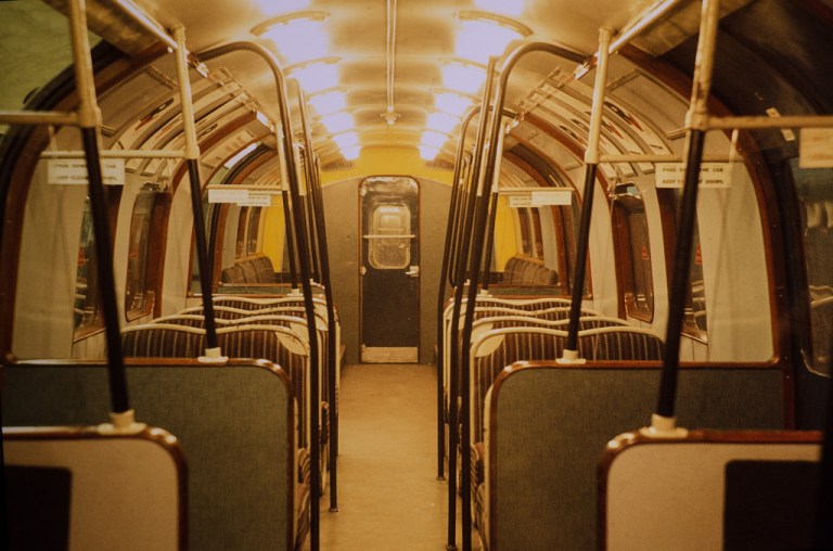 Interior of a Waterloo and City Line 1940 stock carriage, photographed in 1978. By Tim Abbott [CC BY 2.0] via this flickr page