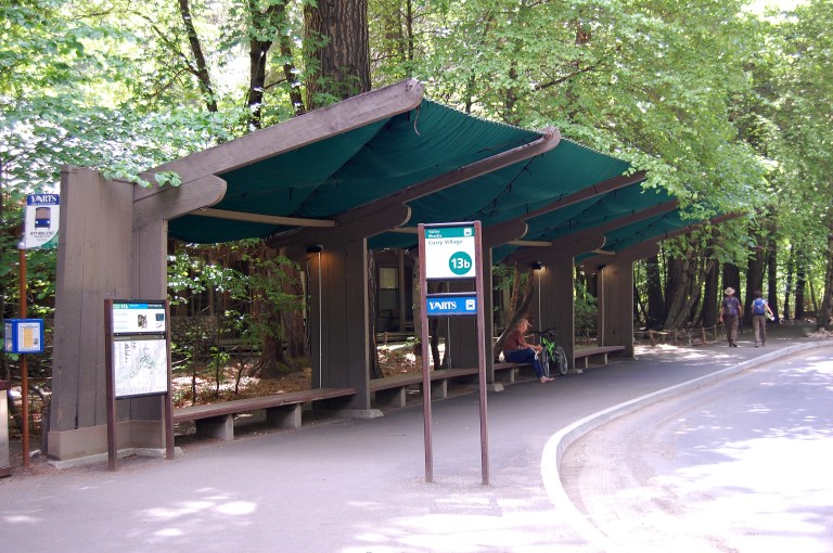 Bus shelter at Curry Village bus stop, Yosemite National Park (May 2014). By Daniel Wright [CC BY-NC-ND 2.0] via this flickr set.