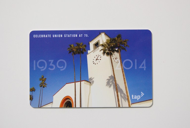 The commemorative Los Angeles Metro "tap" smartcard, celebrating Union Station's 75th birthday. Photo by Daniel Wright, card design by Metro Los Angeles.