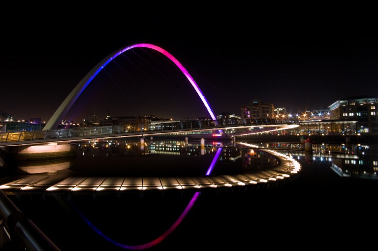 Gateshead Millennium Bridge at night. Photo by Euan Morrison [CC BY 2.0] via this flickr page