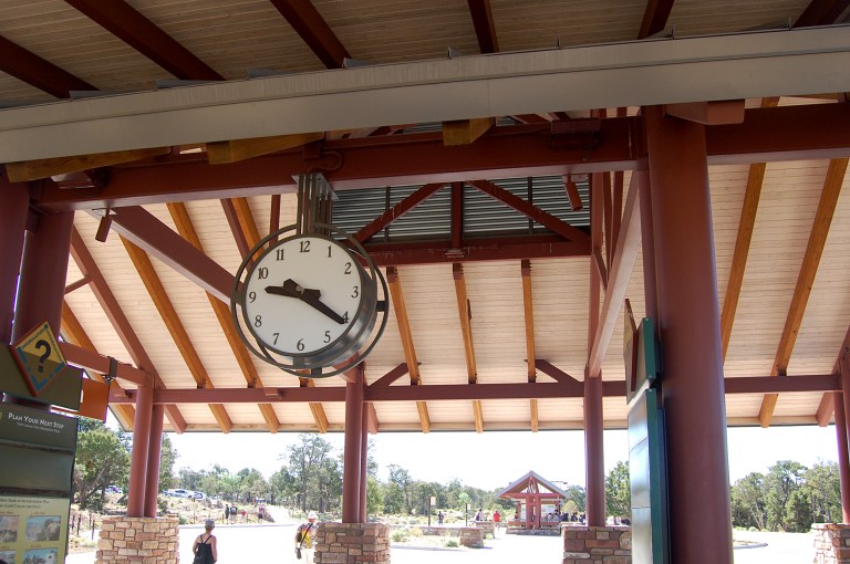 The clock in the bus shelter, Grand Canyon Visitor Center. Photo by Daniel Wright [CC BY-NC-ND 2.0] via this flickr set