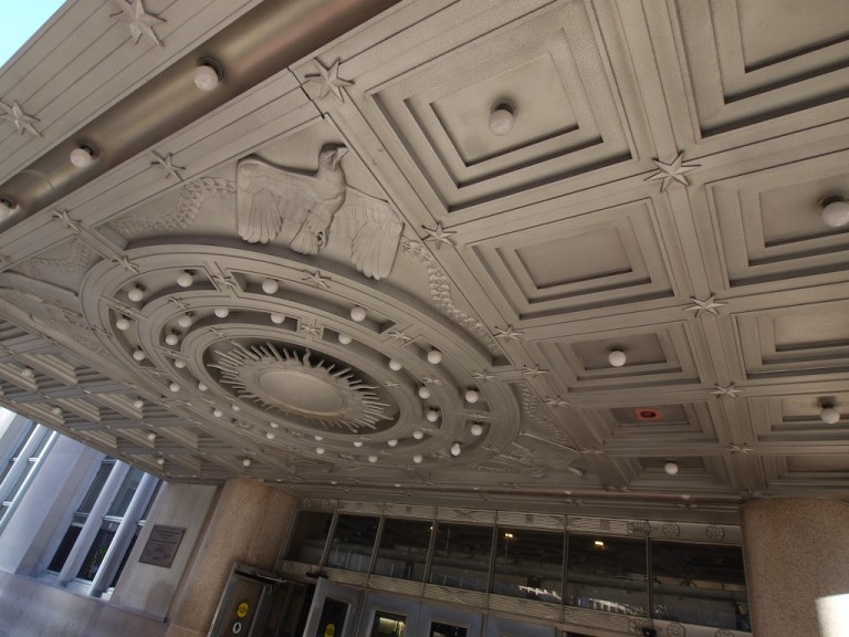 The underside of one of the canopies at the entrance to Penn Station. Photo by lulun & kame [CC BY 2.0] via this flickr page
