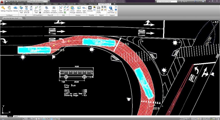 An AutoTURN screenshot showing how the software allows public transport engineers to see the space a bus takes up as it makes a turning movement. You can see how much wider the swept path is than the bus itself. Image © Transoft and very kindly provided by that company