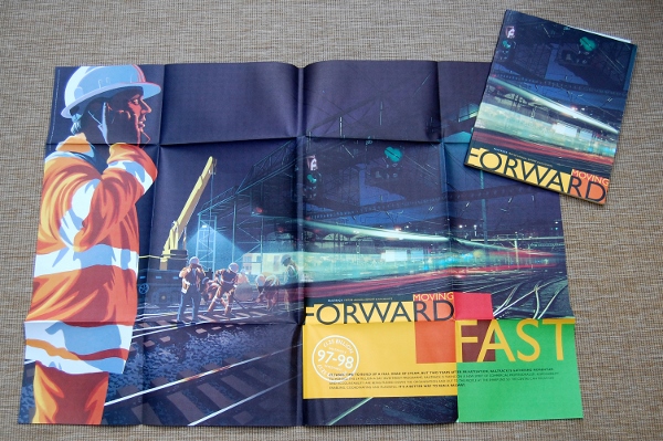 Railtrack's 1997/98 Annual Report with its poster cover unfolded. "Moving Forward Fast" is by XXX and XXX