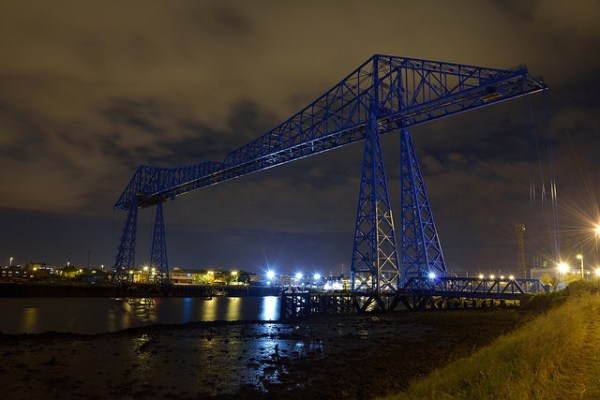 Tees Transporter Bridge at night. Photo by Rich [CC BY 2.0] via this flickr page