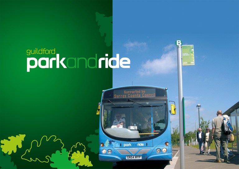 Guildford Park and Ride corporate identity. @copy; Best Impressions, used with permission. (I was quite surprised to get this from Best Impressions, because I took the original photograph on the right of this image...)