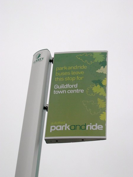 Guildford Park and Ride bus flag. Photo taken by me while I was working for Surrey County Council, probably some time in 2004 or 2005.