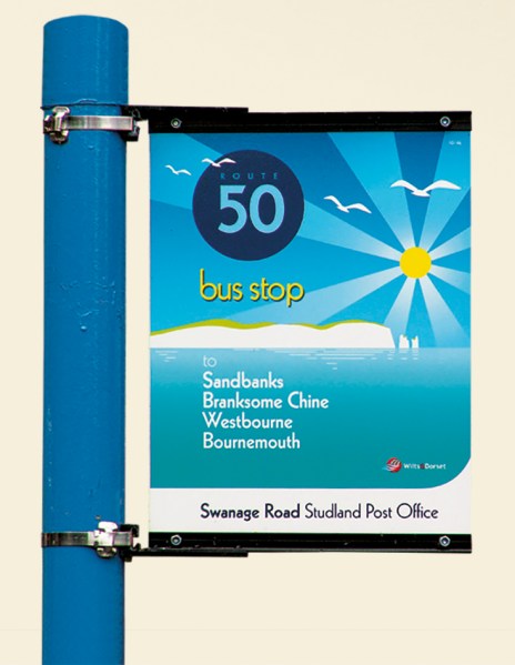 Wilts & Dorset Route 50 bus stop flag. © Best Impressions, used with permission