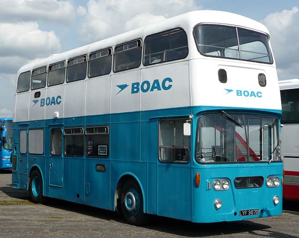 A BOAC bus. They were used to transport passengers from the Imperial Air Terminal in London to the airport from which they were flying. Photo by By Arriva436 (Own work) [CC BY-SA 3.0 or GFDL], via Wikimedia Commons