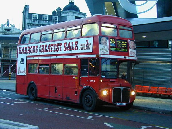 A Routemaster on Route 36 - my one-time commuting roure - at Vauxhall in 2005. Photo by Mwharmby at en.wikipedia (Transferred from en.wikipedia) [GFDL or CC-BY-SA-3.0], from Wikimedia Commons