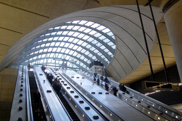 One of the most famous views of Canary Wharf station is the bank of escalators leading up to the western entrance, so I'd better include one. Photo by Daniel Wright [CC BY-NC-ND 2.0] via this flickr album